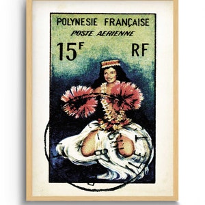 Decoración de arte de pared tropical de la bailarina Tahití de la Polinesia Francesa, cartel de viaje vintage, casa de playa y decoración del hogar costero, arte temático del océano