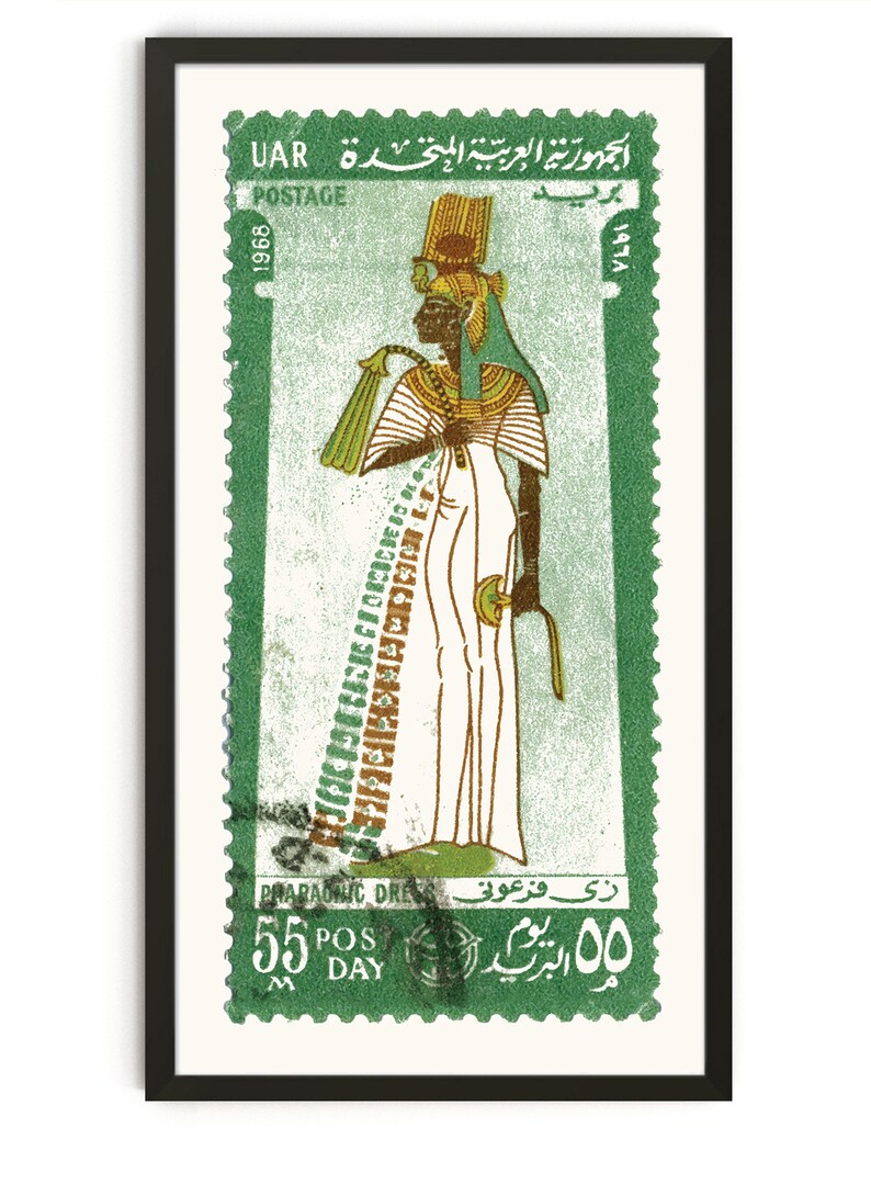 May include: A green postage stamp featuring a woman in a white pharaonic dress with a golden headdress. The stamp is from the United Arab Republic and is dated 1968. The text on the stamp reads "UAR Postage 1968" and "Pharaonic Dress 55 Pos Day 00".