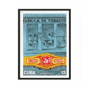 Vintage wall art poster print for cigars and tobacco fan, Travel poster or retro prints made of Cuban art, Man Cave decor or mens office art