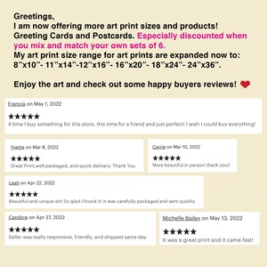May include: A screenshot of a website with customer reviews for art prints. The website offers a variety of sizes, including 8x10, 11x14, 12x16, 16x20, 18x24, and 24x36 inches. The reviews are all positive, with customers praising the quality of the prints and the quick shipping times.