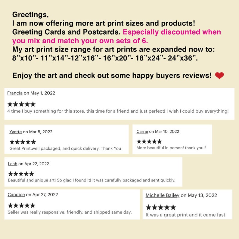 May include: A screenshot of a website with customer reviews for art prints. The website offers a variety of sizes, including 8x10, 11x14, 12x16, 16x20, 18x24, and 24x36 inches. The reviews are all positive, with customers praising the quality of the prints and the quick shipping times.