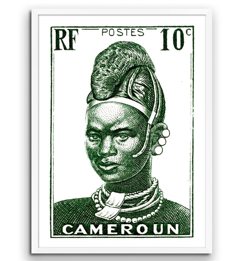 May include: A green vintage postage stamp featuring a portrait of a woman wearing a traditional headdress and jewelry. The stamp reads "RF POSTES 10c CAMEROUN".
