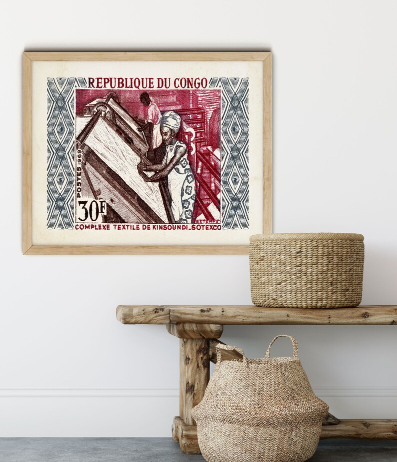 May include: A vintage postage stamp from the Republic of the Congo featuring a red and blue design. The stamp depicts people working in a textile factory. The stamp reads "REPUBLIQUE DU CONGO" and "COMPLEXE TEXTILE DE KINSOUNSI. SOTEXCO".