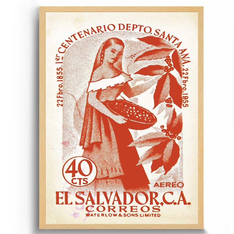 May include: Vintage El Salvador poster in a wooden frame. The poster features a woman holding a bowl of coffee beans, with text that reads "EL SALVADOR, C.A. CORREOS" and "WATERLOW & SONS LIMITED". The poster is in shades of red and cream.