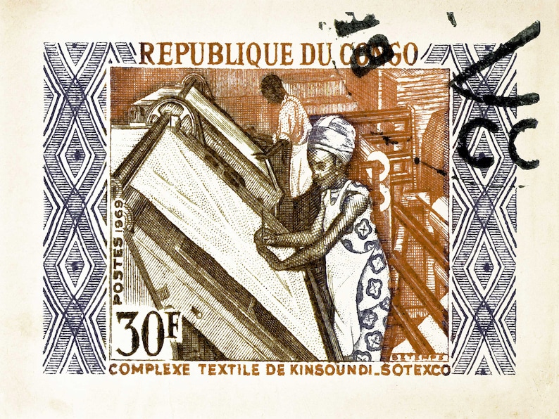 May include: A vintage postage stamp from the Republic of Congo featuring a textile factory with workers operating machinery. The stamp is brown and blue with the text "POSTES 1969 30F COMPLEXE TEXTILE DE KINSOUNSI SOTEXCO" printed on it.