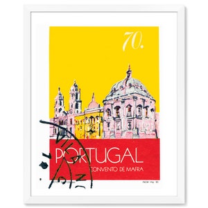 May include: A vintage yellow and red postcard featuring a pink and white illustration of the Convento de Mafra, a large monastery in Portugal. The text on the postcard reads "70. Portugal Convento de Mafra INCM imp. 90."