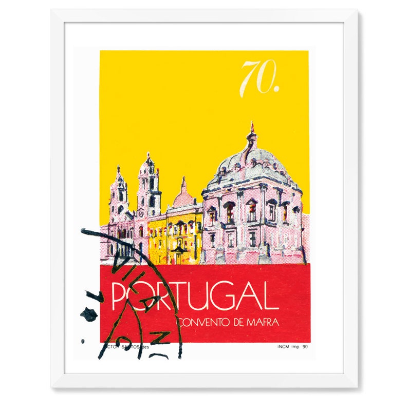 May include: A vintage yellow and red postcard featuring a pink and white illustration of the Convento de Mafra, a large monastery in Portugal. The text on the postcard reads "70. Portugal Convento de Mafra INCM imp. 90."