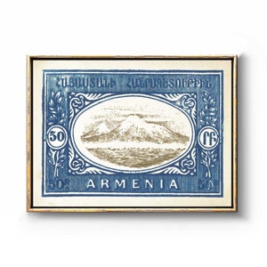 May include: A vintage blue and gold stamp featuring a mountain range with the text "50 ARMENIA 50" and Armenian text.