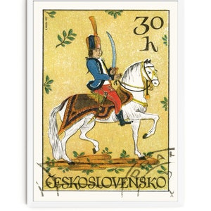 May include: A vintage Czechoslovakian postage stamp featuring a colorful illustration of a soldier on horseback. The stamp is yellow with green foliage and the text "30 h" and "CESKOSLOVENSKO".