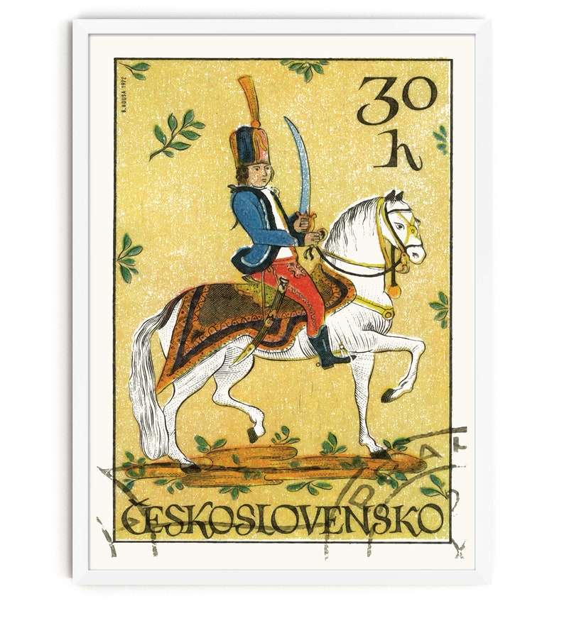 May include: A vintage Czechoslovakian postage stamp featuring a colorful illustration of a soldier on horseback. The stamp is yellow with green foliage and the text "30 h" and "CESKOSLOVENSKO".