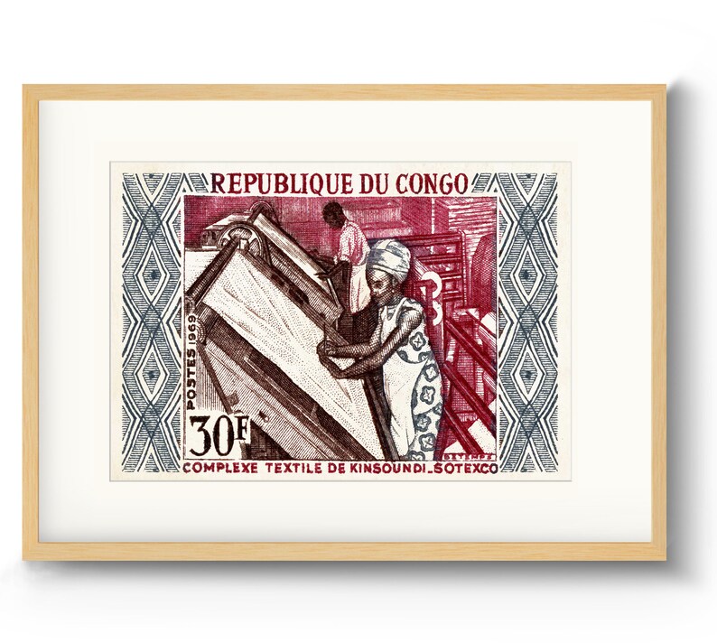 May include: A red and blue postage stamp from the Republic of Congo featuring a textile factory with two workers. The stamp reads "POSTES 1969 30F COMPLEXE TEXTILE DE KINSOUN DI SOTEXCO".