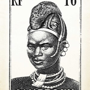 May include: Black and white illustration of a woman wearing traditional African clothing and jewelry. The image is on a vintage postage stamp with the text "RF POSTES 10c CAMEROUN".