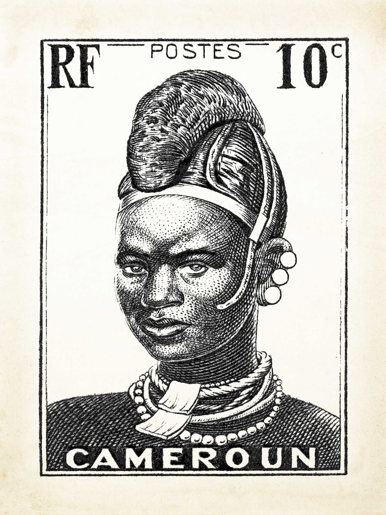 May include: Black and white illustration of a woman wearing traditional African clothing and jewelry. The image is on a vintage postage stamp with the text "RF POSTES 10c CAMEROUN".