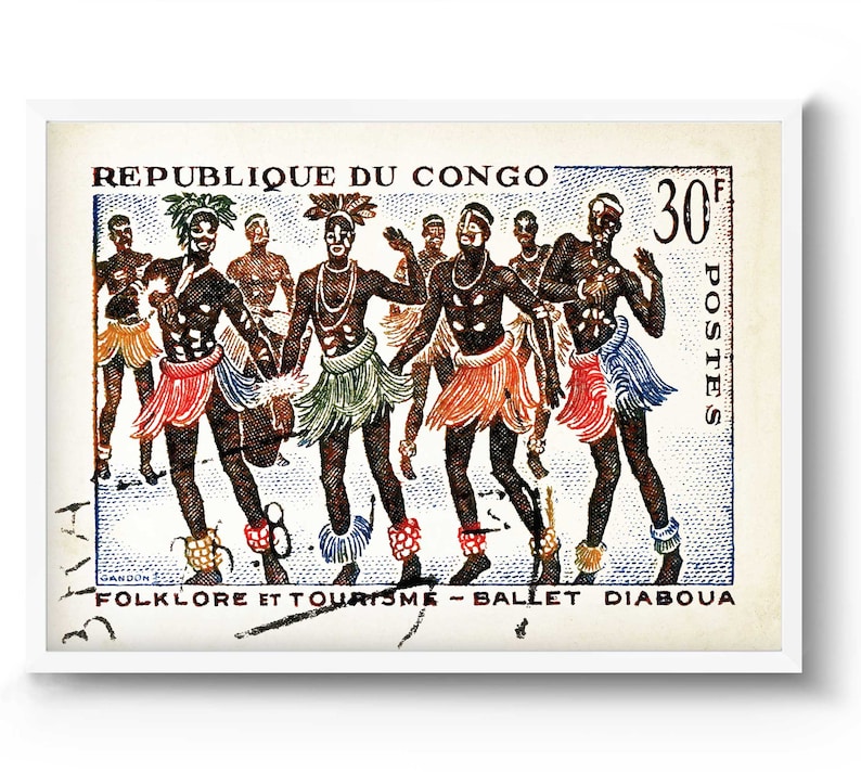 May include: A vintage postage stamp from the Republic of Congo featuring a colorful illustration of dancers in traditional attire. The stamp reads "30f POSTES" and "FOLKLORE ET TOURISME - BALLET DIABOUA".