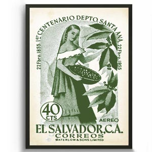 May include: Vintage El Salvador stamp print in a black frame. The green and white image features a woman holding a bowl of coffee beans, with text including "CENTENARIO DEPTO. SANTA ANA" and "EL SALVADOR, C.A. CORREOS".