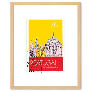 May include: A vintage-style postcard featuring a yellow background with a pink and white illustration of the Convento de Mafra, a large monastery in Portugal. The postcard has a red stamp with the text "PORTUGAL" and "CONVENTO DE MAFRA" in white. The number "70." is printed in black at the top of the postcard.