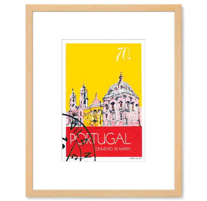 May include: A vintage-style postcard featuring a yellow background with a pink and white illustration of the Convento de Mafra, a large monastery in Portugal. The postcard has a red stamp with the text "PORTUGAL" and "CONVENTO DE MAFRA" in white. The number "70." is printed in black at the top of the postcard.