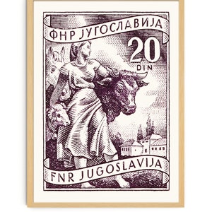 Rustic and Farmhouse wall decor and Vintage Animal Art Illustration print of Cow Wall Art, Vintage Yugoslavia travel Poster, Farm art
