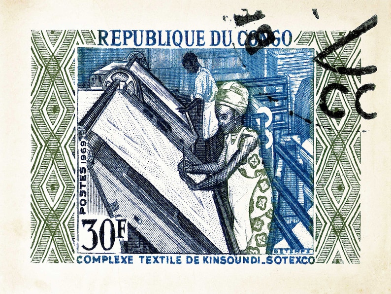 May include: A blue and green postage stamp from the Republic of Congo. The stamp features a textile factory with workers operating machinery. The stamp is dated 1969 and has a value of 30F. The text "COMPLEXE TEXTILE DE KINSOUN DI SOTEXCO" is printed at the bottom of the stamp.