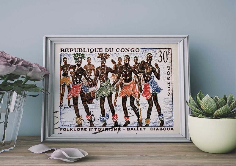 May include: A vintage postage stamp from the Republic of Congo featuring a colorful illustration of dancers in traditional attire performing the Ballet Diaboua. The stamp is labeled "30F POSTES" and reads "Folklore et Tourisme - Ballet Diaboua".