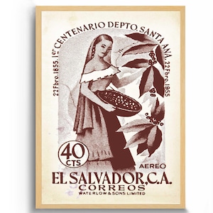 May include: Vintage El Salvador postage stamp art print in a wooden frame. The sepia-toned image features a woman holding a basket of coffee beans, with text including "Centenario Depto. Santa Ana" and "El Salvador, C.A. Correos".