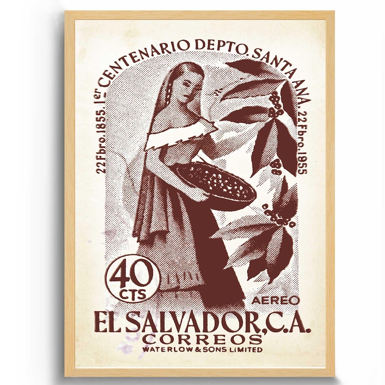 May include: Vintage El Salvador postage stamp art print in a wooden frame. The sepia-toned image features a woman holding a basket of coffee beans, with text including "Centenario Depto. Santa Ana" and "El Salvador, C.A. Correos".