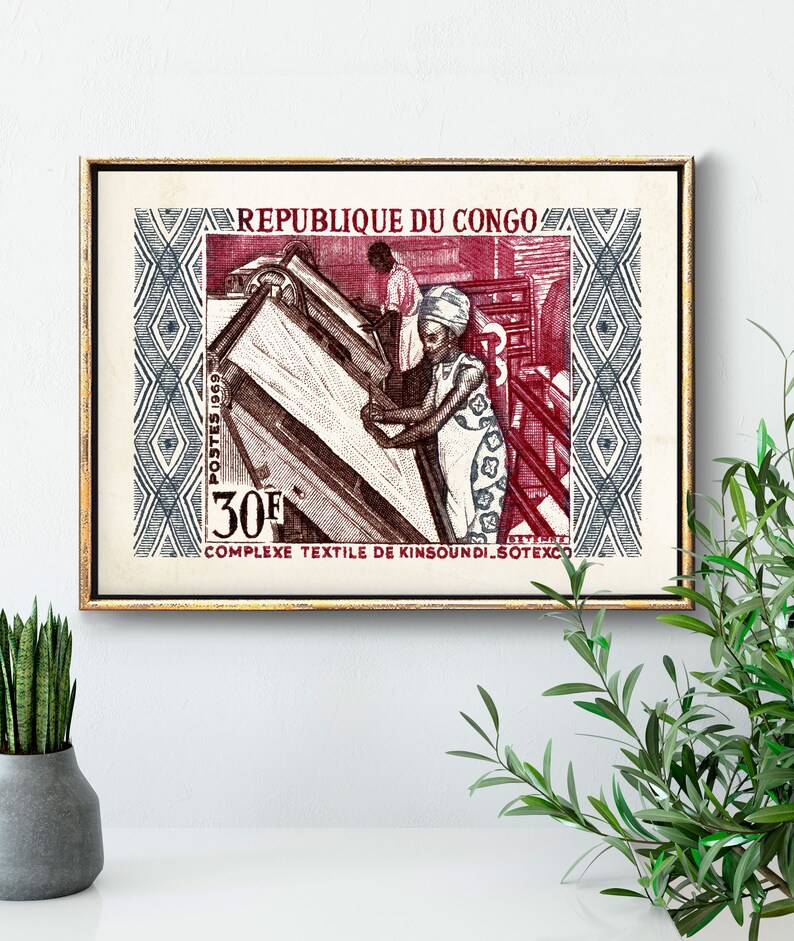 May include: A vintage postage stamp from the Republic of Congo featuring a red and blue design. The stamp depicts two people working in a textile factory. The stamp reads "REPUBLIQUE DU CONGO" and "COMPLEXE TEXTILE DE KINSHOUNDI SOTEXCO".