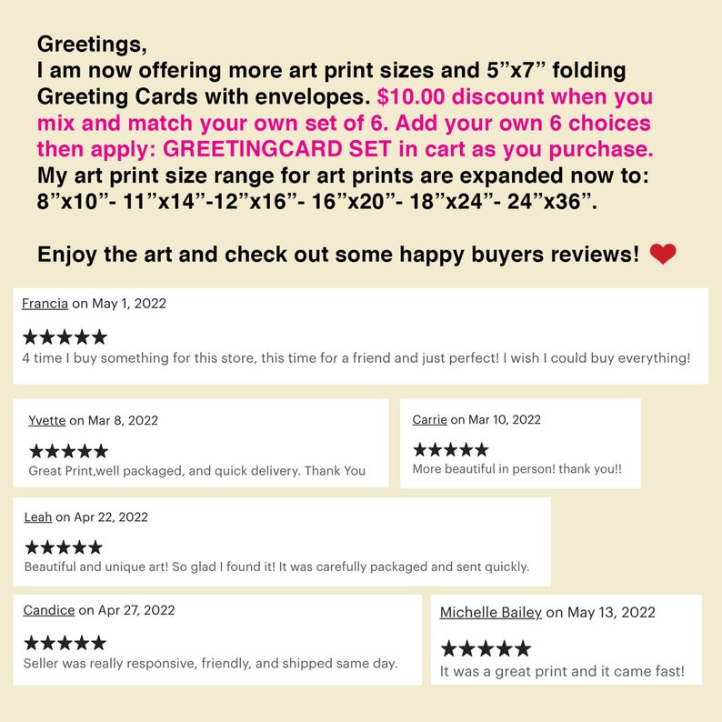 Pu&ograve; includere: Uno screenshot di un sito web con recensioni dei clienti per stampe d'arte. Il sito web offre uno sconto sugli ordini di 6 stampe e elenca le dimensioni disponibili: 8x10, 11x14, 12x16, 16x20, 18x24 e 24x36 pollici.