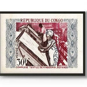 May include: A vintage postage stamp from the Republic of Congo featuring a red and white design. The stamp depicts two people working in a textile factory. The stamp reads "REPUBLIQUE DU CONGO" and "COMPLEXE TEXTILE DE KINSOUNUI-SOTEXCO".