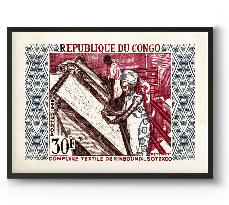 May include: A vintage postage stamp from the Republic of Congo featuring a red and white design. The stamp depicts two people working in a textile factory. The stamp reads "REPUBLIQUE DU CONGO" and "COMPLEXE TEXTILE DE KINSOUNUI-SOTEXCO".