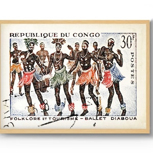 May include: A vintage postage stamp from the Republic of Congo featuring a colorful illustration of dancers in traditional costumes performing the Ballet Diaboua. The stamp is labeled "30f Postes" and reads "Folklore et Tourisme - Ballet Diaboua".