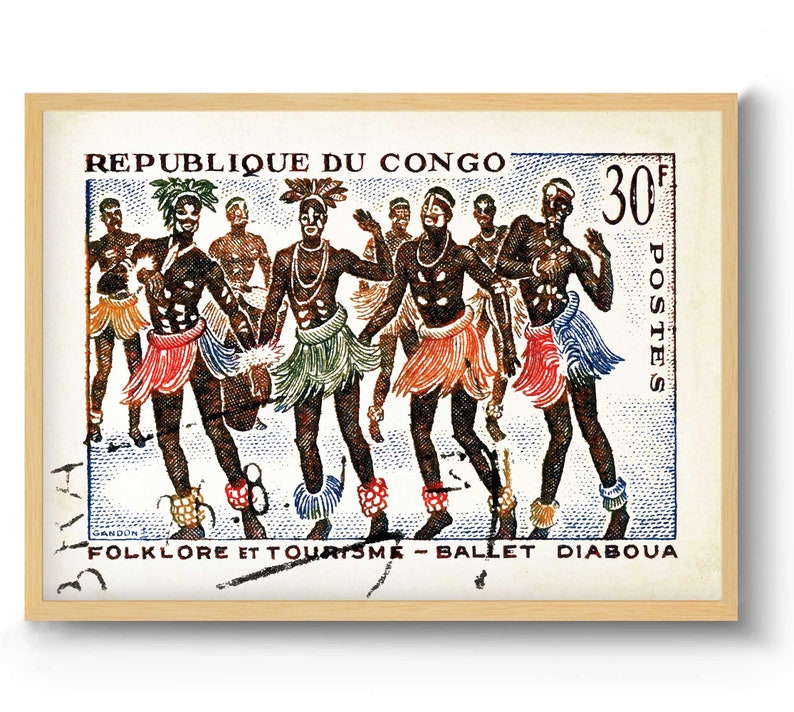 May include: A vintage postage stamp from the Republic of Congo featuring a colorful illustration of dancers in traditional costumes performing the Ballet Diaboua. The stamp is labeled "30f Postes" and reads "Folklore et Tourisme - Ballet Diaboua".