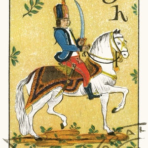 May include: A vintage Czechoslovakian postage stamp featuring a 30h denomination. The stamp depicts a man in a blue uniform riding a white horse with a sword in hand. The background is a yellow-gold color with green leaves.