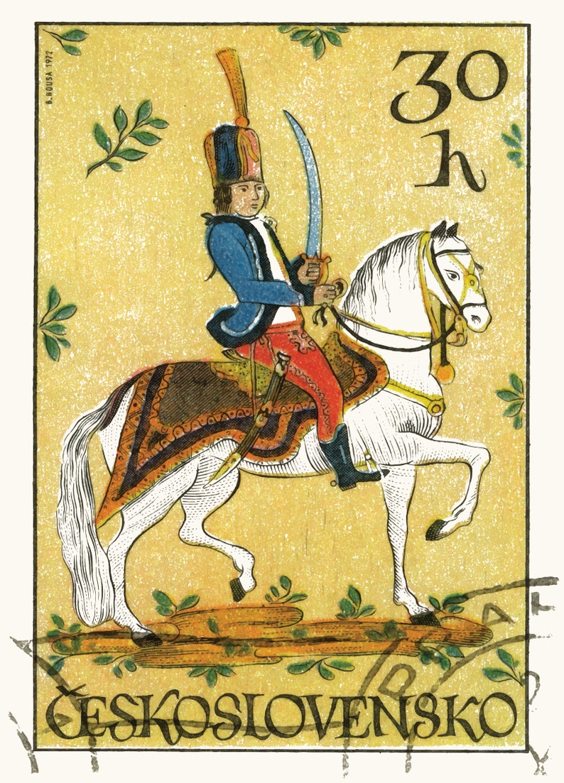 May include: A vintage Czechoslovakian postage stamp featuring a 30h denomination. The stamp depicts a man in a blue uniform riding a white horse with a sword in hand. The background is a yellow-gold color with green leaves.