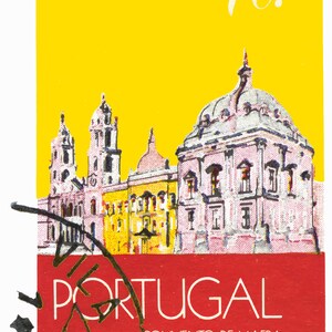 May include: A yellow and red vintage postage stamp featuring a drawing of the Convento de Mafra, a large monastery in Portugal. The stamp has the number "70." printed in the top right corner and the text "PORTUGAL" and "CONVENTO DE MAFRA" printed in white on a red background.