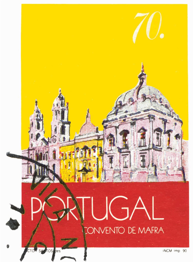 May include: A yellow and red vintage postage stamp featuring a drawing of the Convento de Mafra, a large monastery in Portugal. The stamp has the number "70." printed in the top right corner and the text "PORTUGAL" and "CONVENTO DE MAFRA" printed in white on a red background.
