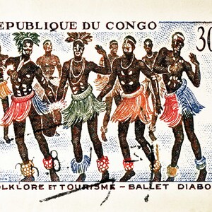 May include: A vintage postage stamp from the Republic of Congo featuring a group of dancers in colorful costumes performing the Ballet Diaboua. The stamp is blue with a white border and features the text "REPUBLIQUE DU CONGO" and "30F POSTES".