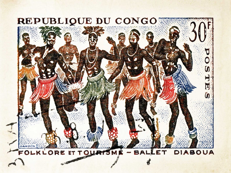 May include: A vintage postage stamp from the Republic of Congo featuring a group of dancers in colorful costumes performing the Ballet Diaboua. The stamp is blue with a white border and features the text "REPUBLIQUE DU CONGO" and "30F POSTES".