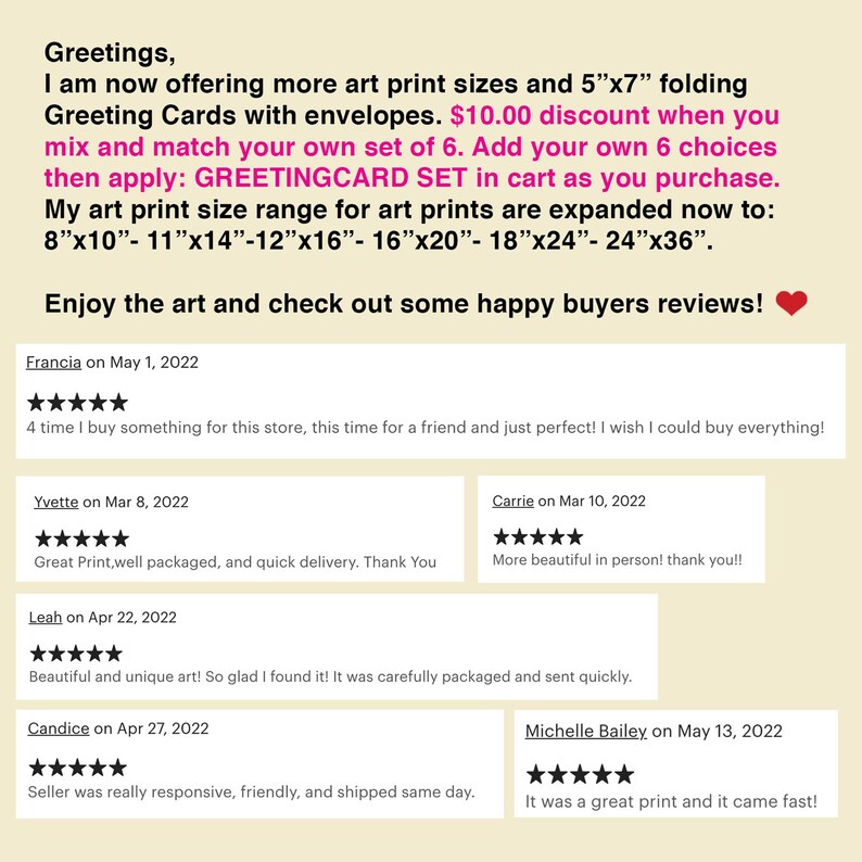 May include: A screenshot of a website with customer reviews for art prints. The website offers a discount on orders of 6 prints and lists the available sizes: 8x10, 11x14, 12x16, 16x20, 18x24, and 24x36 inches.
