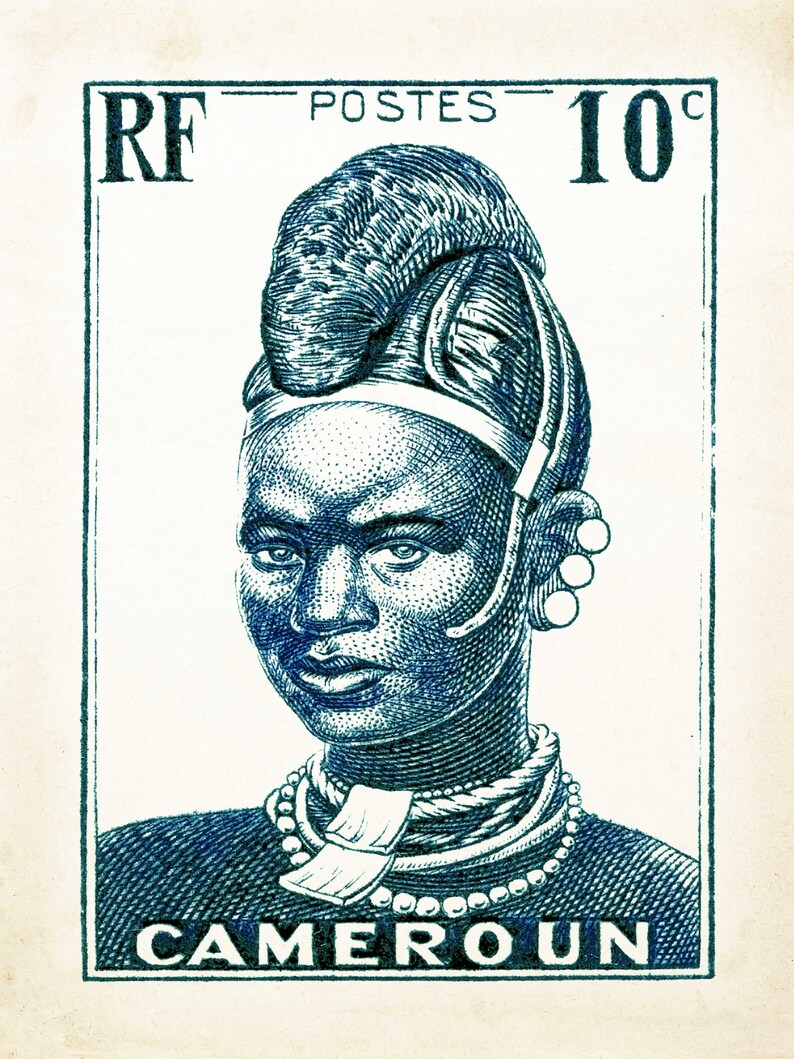 May include: A blue and white stamp with the text "RF POSTES 10c CAMEROUN". The stamp features a portrait of a woman wearing a traditional headdress and jewelry.