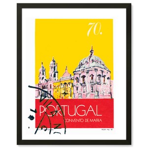 May include: A vintage yellow and red postcard featuring a watercolor illustration of the Convento de Mafra, a large monastery in Portugal. The postcard has the text "70. PORTUGAL CONVENTO DE MAFRA" and "INCM imp 90".
