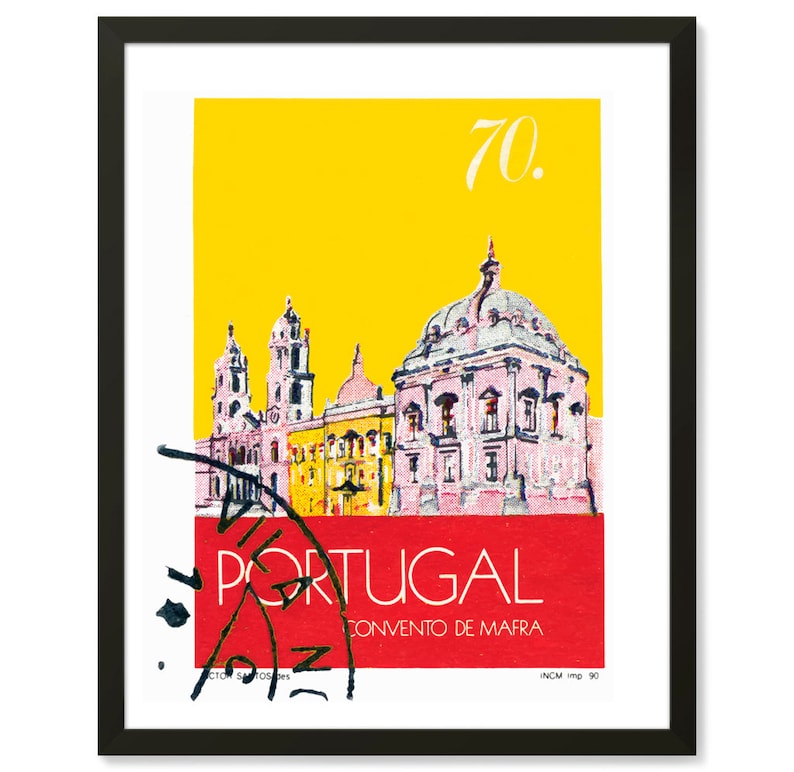 May include: A vintage yellow and red postcard featuring a watercolor illustration of the Convento de Mafra, a large monastery in Portugal. The postcard has the text "70. PORTUGAL CONVENTO DE MAFRA" and "INCM imp 90".