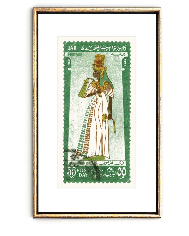 May include: A green postage stamp from the United Arab Republic (UAR) featuring a pharaoh in a traditional dress. The stamp is dated 1968 and has the text "جمهورية العربية المتحدة UAR" and "PRAPAONIC DRESS زی فرعونی" in Arabic.