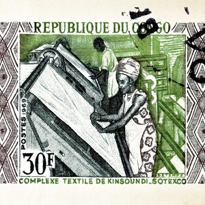 May include: A green and white stamp from the Republic of Congo, featuring a textile factory with workers operating machinery. The stamp is dated 1969 and has a value of 30 Francs. The text "COMPLEXE TEXTILE DE KINSOUNSI - SOTEXCO" is printed at the bottom.