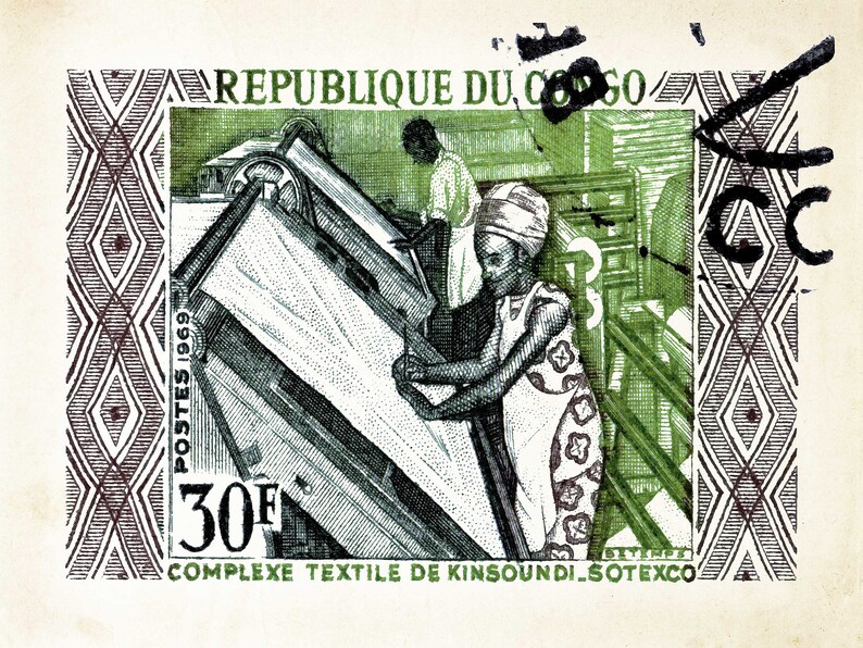 May include: A green and white stamp from the Republic of Congo, featuring a textile factory with workers operating machinery. The stamp is dated 1969 and has a value of 30 Francs. The text "COMPLEXE TEXTILE DE KINSOUNSI - SOTEXCO" is printed at the bottom.
