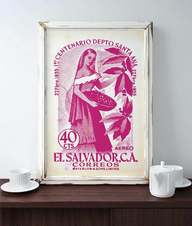May include: A framed vintage El Salvador postage stamp print in shades of pink and white. The stamp features a woman holding a basket, surrounded by botanical elements and text. The print is displayed on a dark wooden surface.