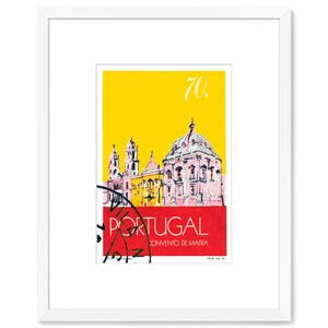 May include: A vintage-style postcard featuring a yellow background with a pink and white illustration of the Convento de Mafra, a large monastery in Portugal. The postcard has a red border with the text "PORTUGAL" and "CONVENTO DE MAFRA" in white. The number "70." is printed in white in the upper right corner.