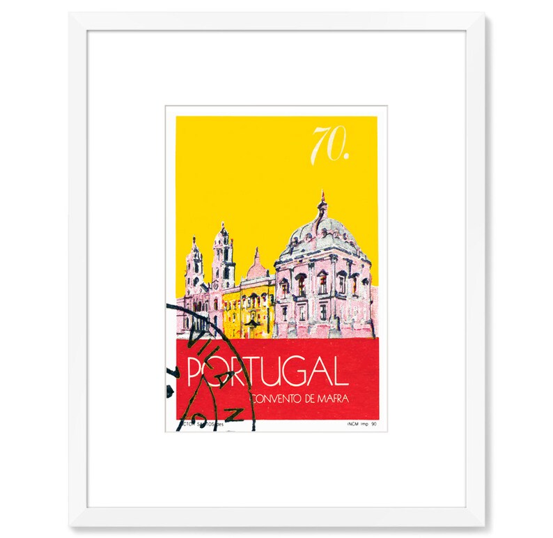 May include: A vintage-style postcard featuring a yellow background with a pink and white illustration of the Convento de Mafra, a large monastery in Portugal. The postcard has a red border with the text "PORTUGAL" and "CONVENTO DE MAFRA" in white. The number "70." is printed in white in the upper right corner.