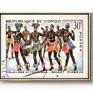 May include: A vintage postage stamp from the Republic of Congo featuring a colorful illustration of dancers in traditional costumes. The stamp is labeled "30f POSTES" and "FOLKLORE ET TOURISME - BALLET DIABOUA".