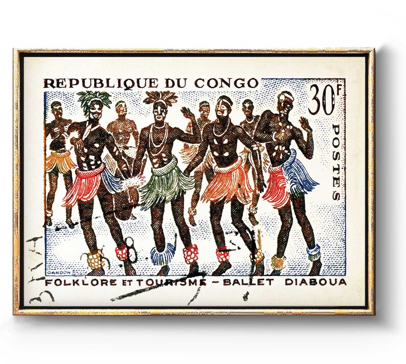 May include: A vintage postage stamp from the Republic of Congo featuring a colorful illustration of dancers in traditional costumes. The stamp is labeled "30f POSTES" and "FOLKLORE ET TOURISME - BALLET DIABOUA".